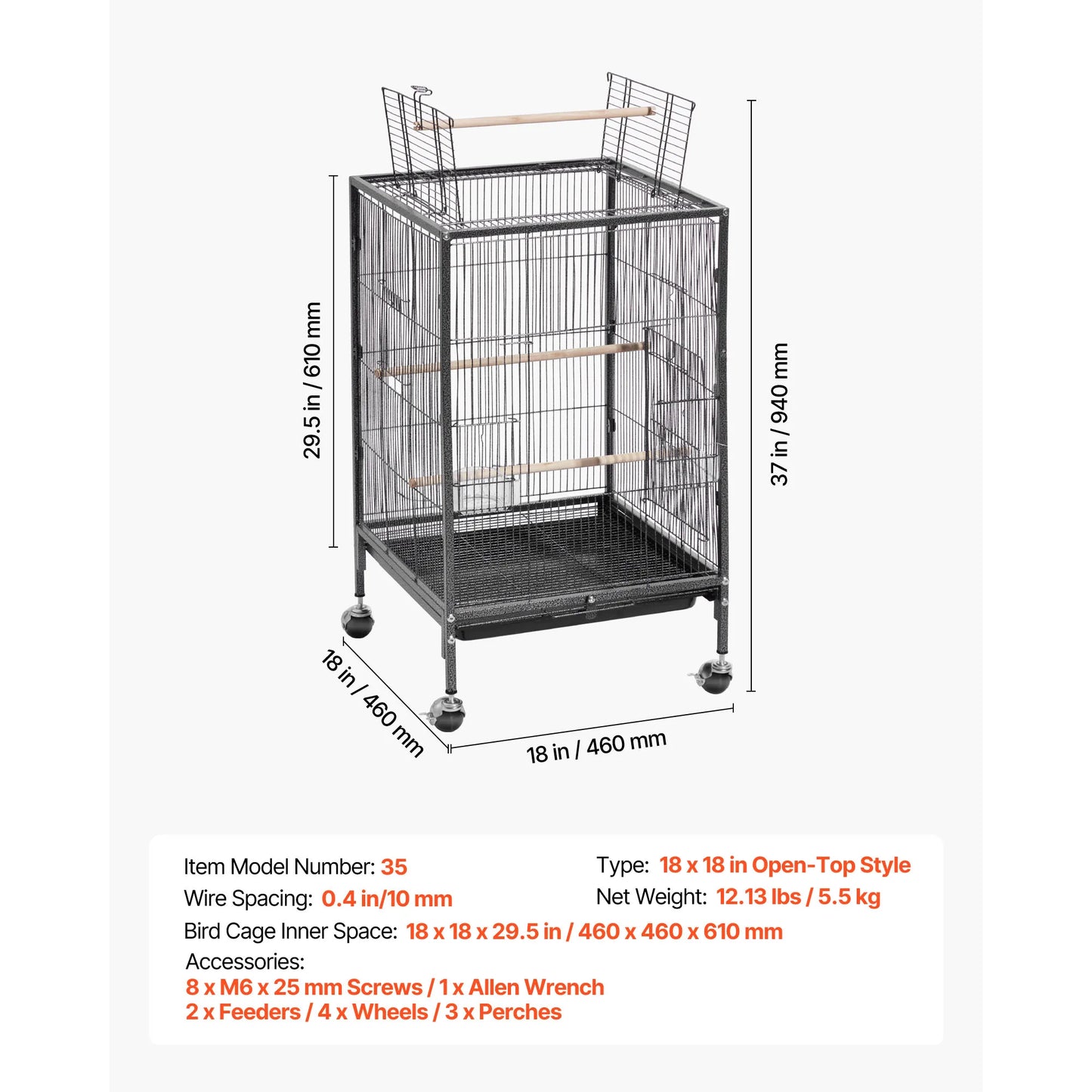 SucceBuy Wrought Iron Flight Cage Top With Perches And Casters