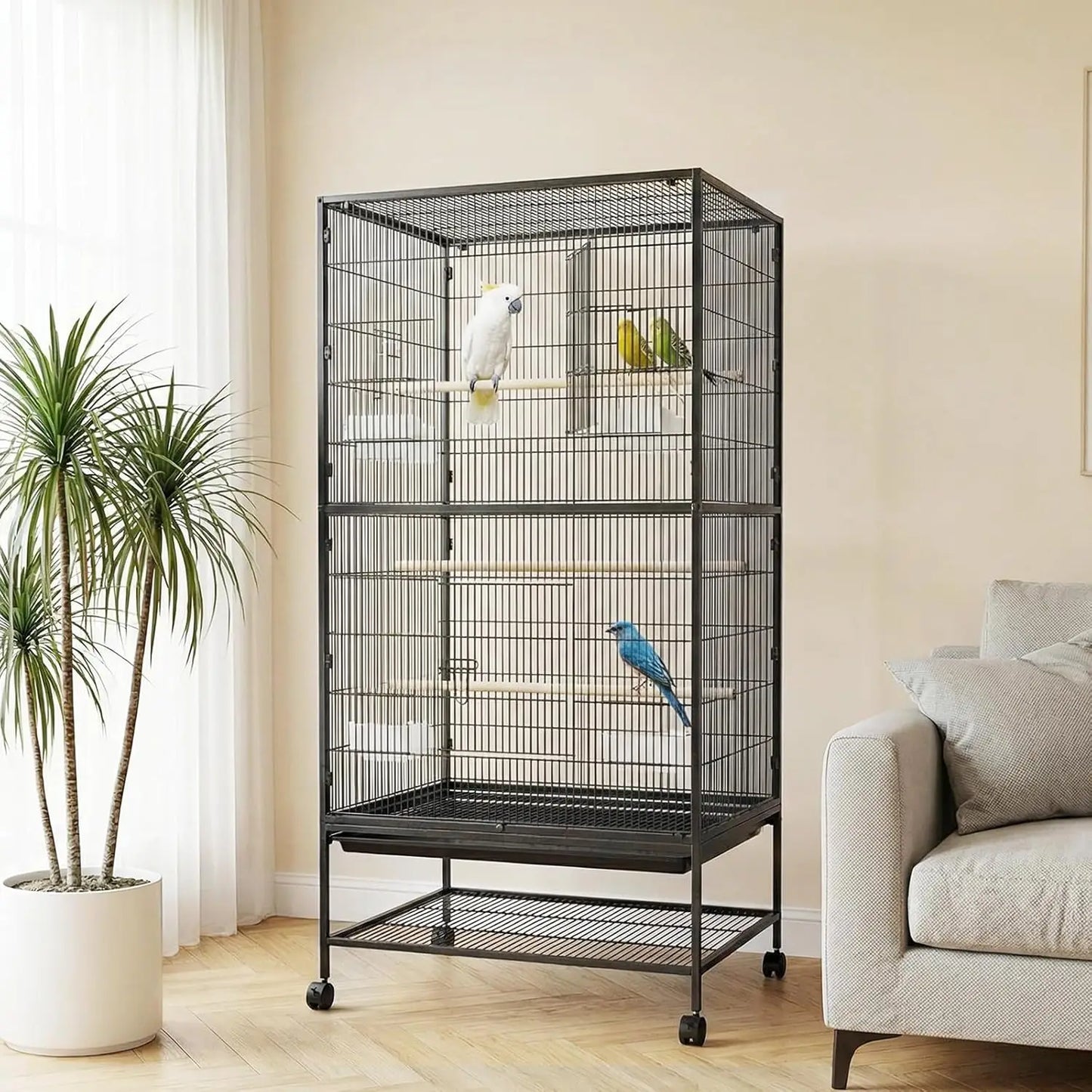 HiMISS Parakeet Cage With Rolling Storage Stands And Feed Bowls