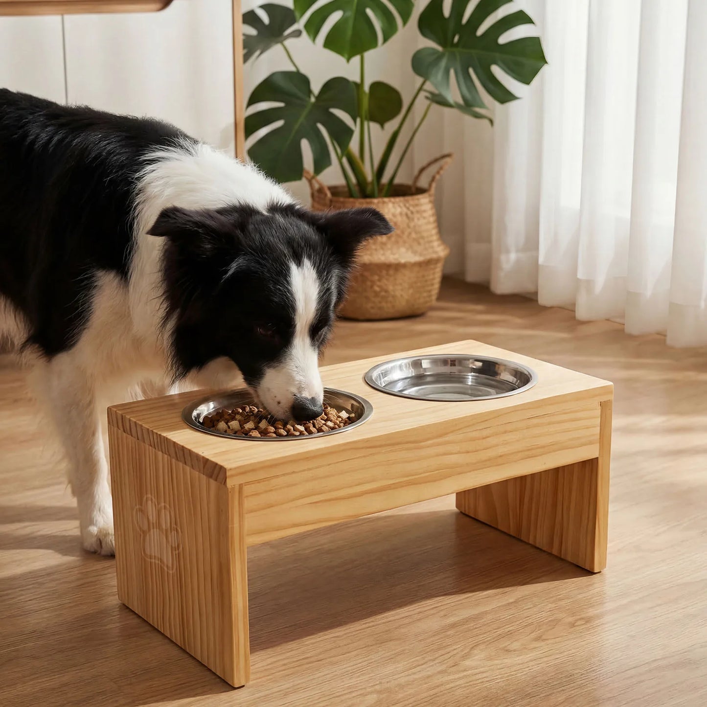 Wooden Elevated Dog Bowls With Stainless Steel Double Bowls Non Slip Feeder