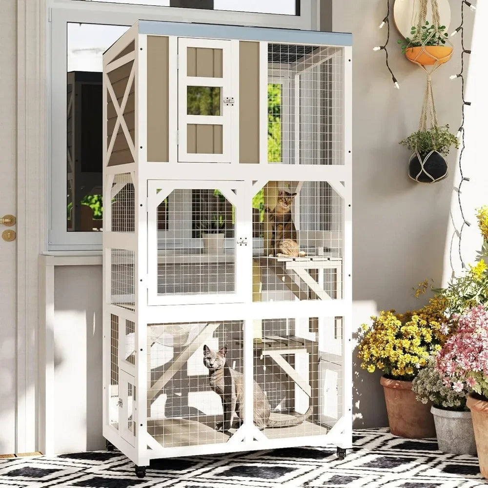 Wooden Outdoor Window Cat Enclosure With Wheels And Platforms