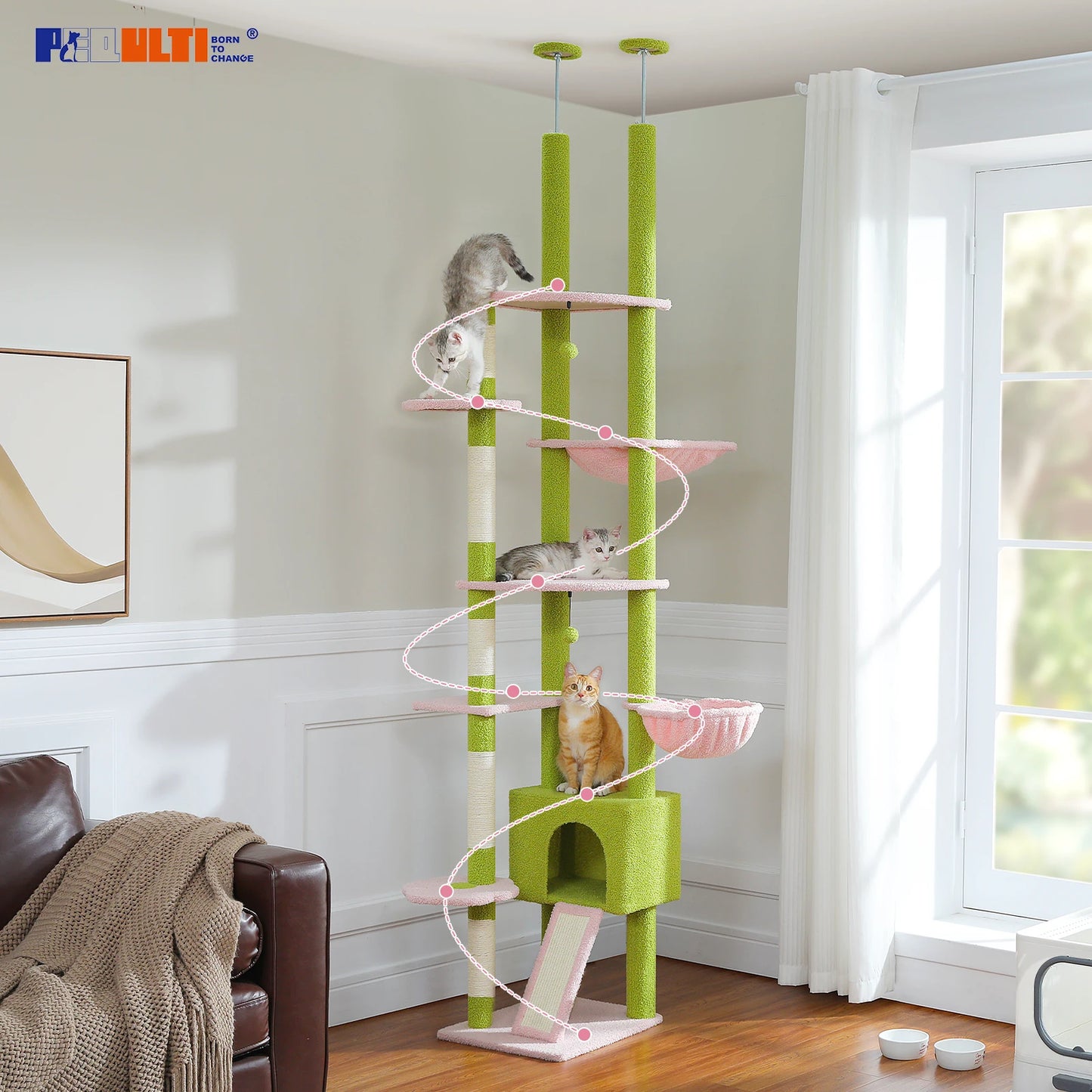 PETEPELA Cactus Floor to Ceiling Adjustable Cat Tree Condo Hammock