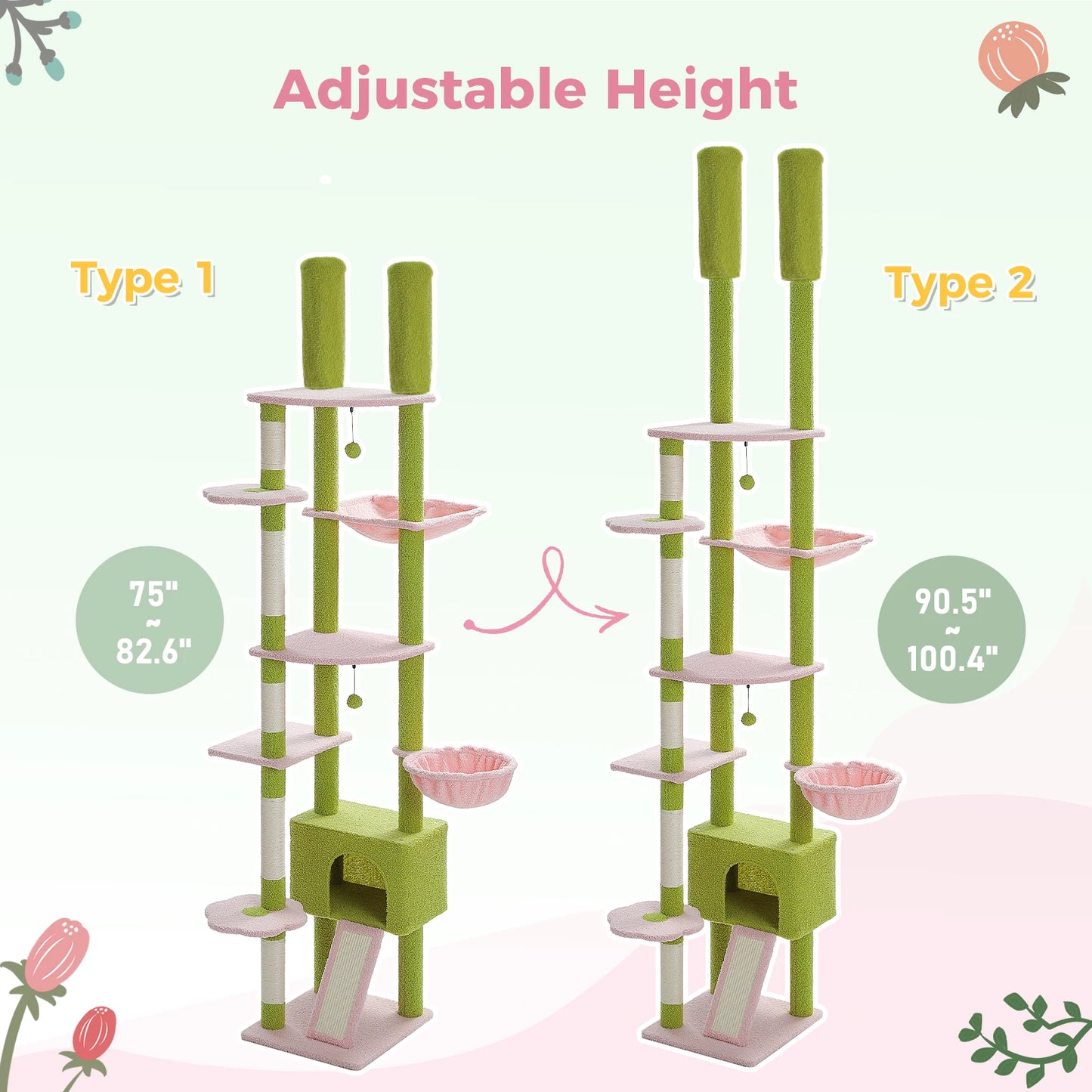 PETEPELA Cactus Floor to Ceiling Adjustable Cat Tree Condo Hammock
