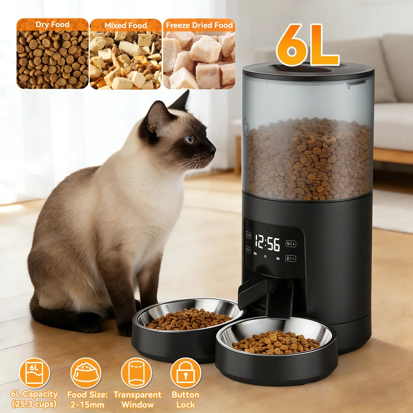 Automatic Cat Feeder Timed Dual Bowls Dual Power Supply