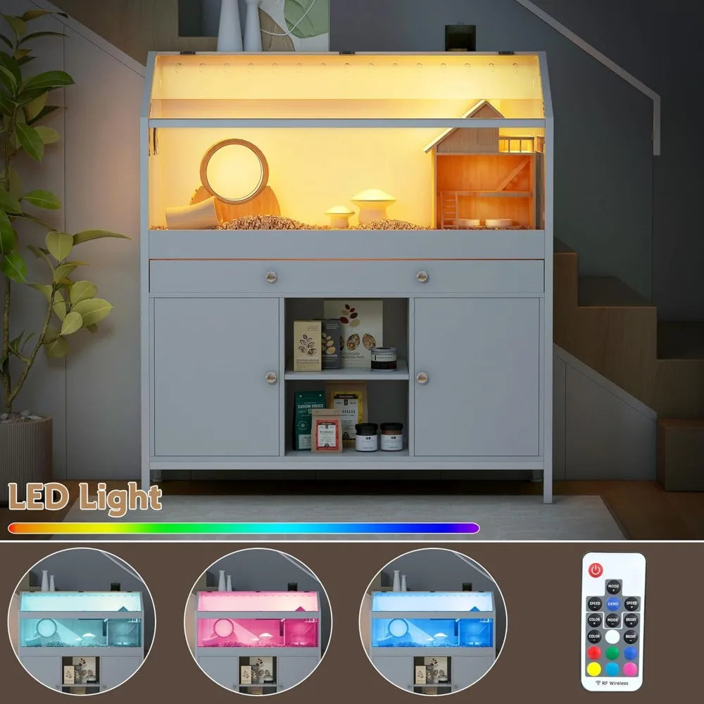 Hamster Cage With LED Lights And Storage Cabinet For Pets