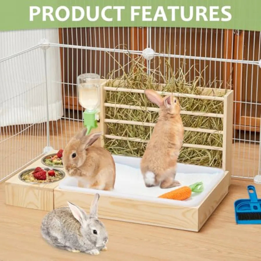 4 in 1 Wooden Rabbit Feeder With Litter Box Bottle
