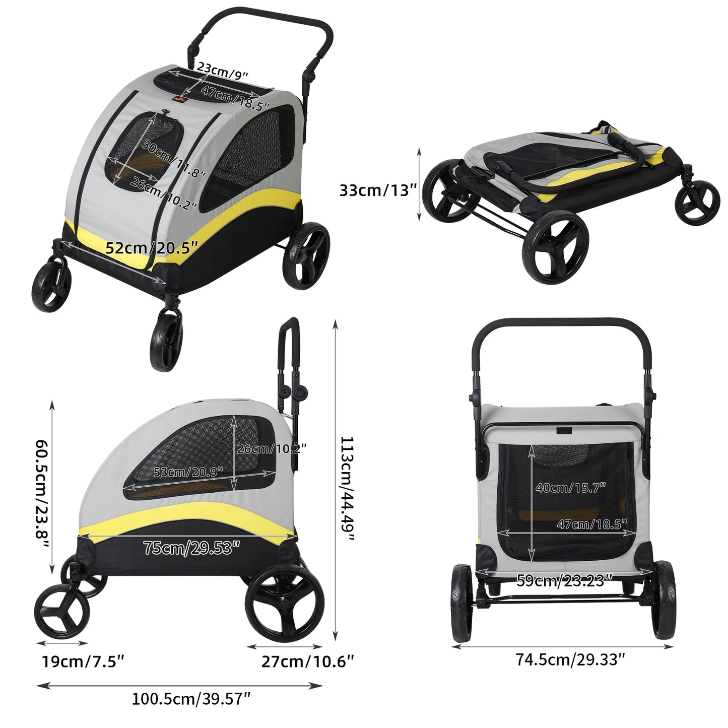 BINGOPAW Dog Stroller 4 Wheel Foldable Pet Carrier Up To 121 Lbs