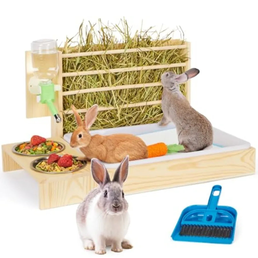 4 in 1 Wooden Rabbit Feeder With Litter Box Bottle