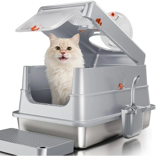 XIUWO Enclosed Stainless Steel Cat Litter Box With High Sides Flip Cover Scoop