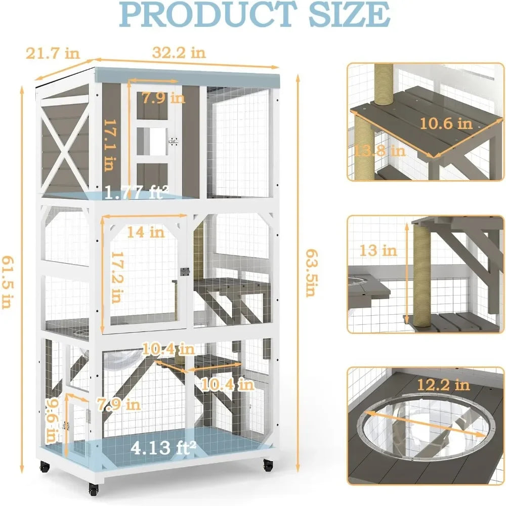 Wooden Outdoor Window Cat Enclosure With Wheels And Platforms