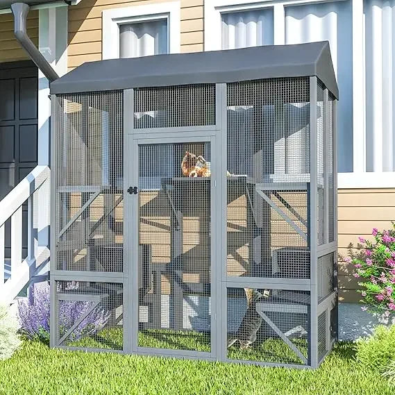 Outdoor Cat Enclosure Catio for Multi Cats with Waterproof Cover