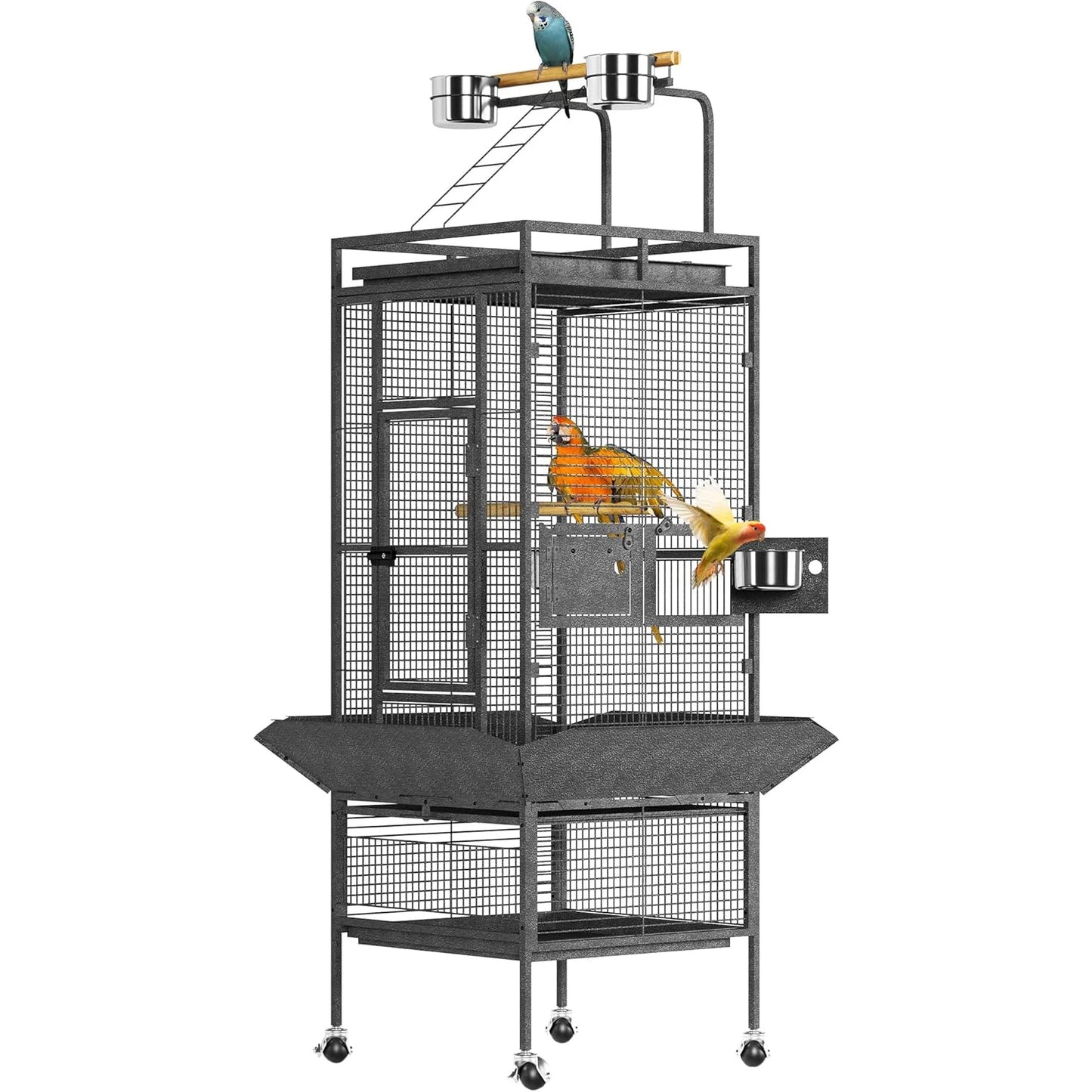HiMISS Parrot Cage Metal Play Top With Wood Perches And Feeder