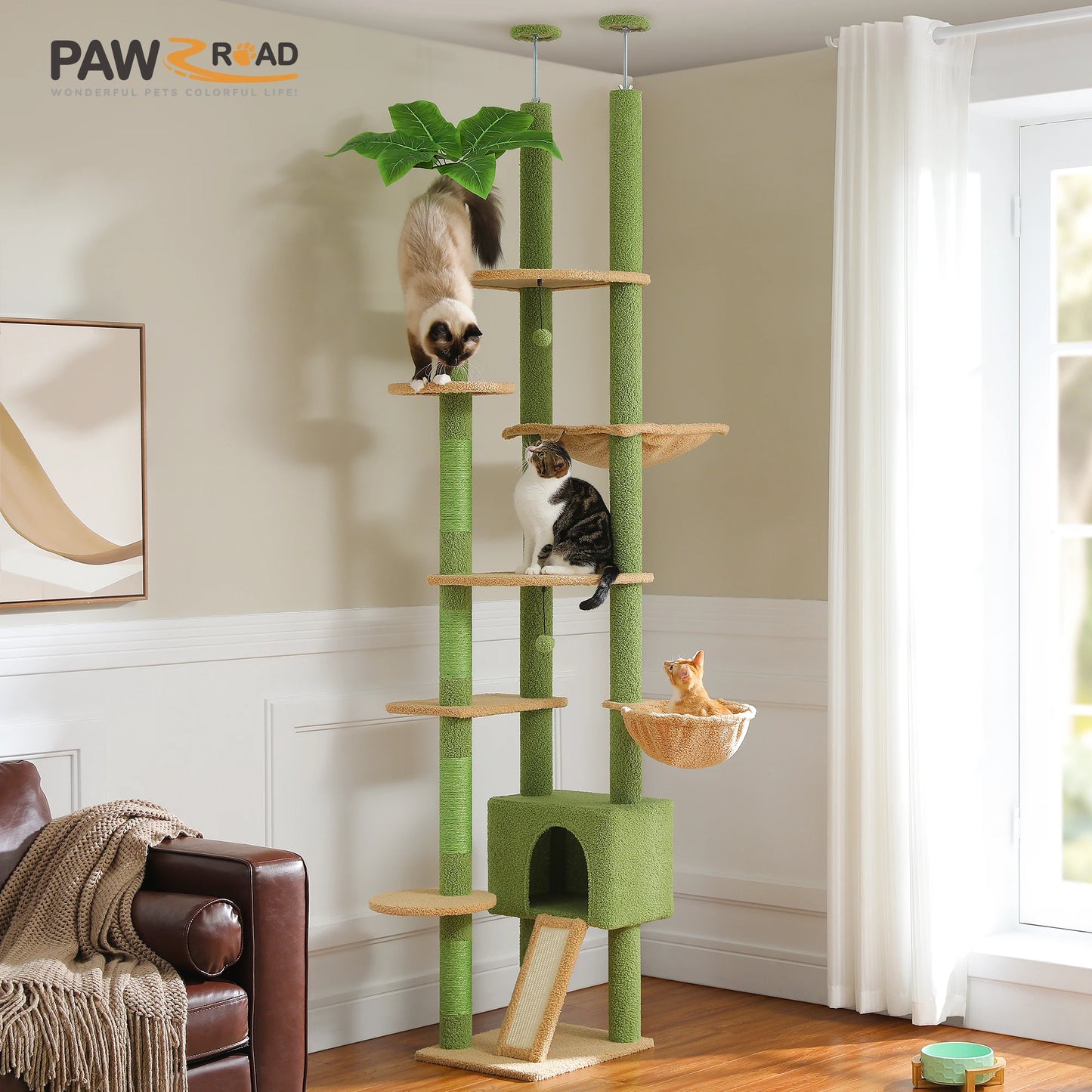 PETEPELA Cactus Floor to Ceiling Adjustable Cat Tree Condo Hammock