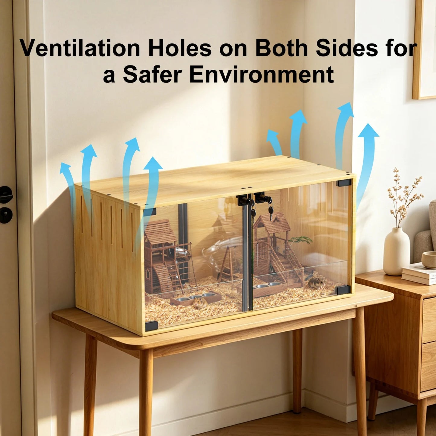 Wooden Small Animal Cage With Tempered Glass Panels For Hamsters