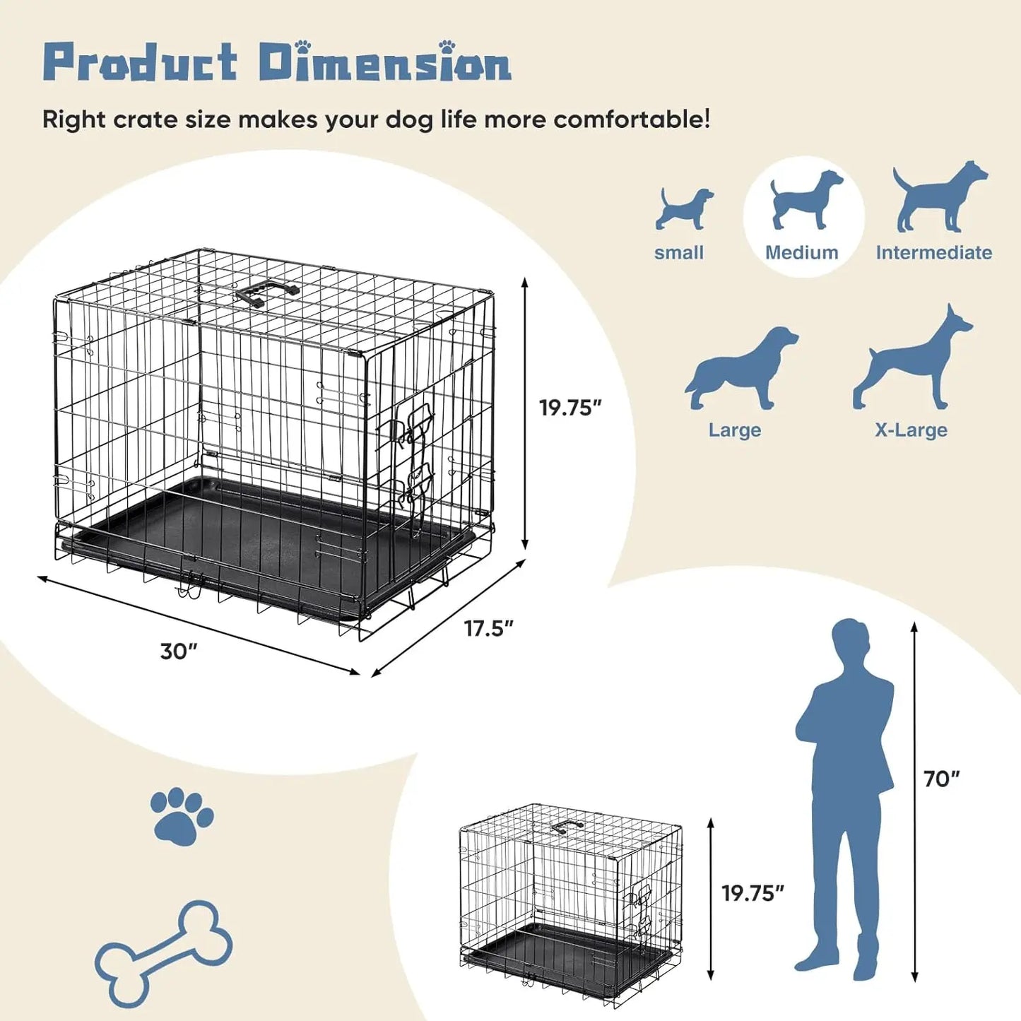 Dog Crate With LeakProof Tray Folding Metal Kennel Indoor Outdoor
