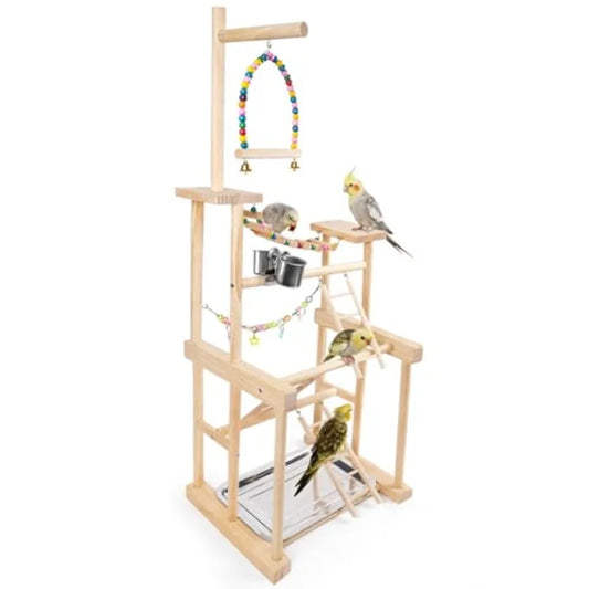 Bird Playground Parrot Playstand With Feeder Cups Swings Ladder Tray