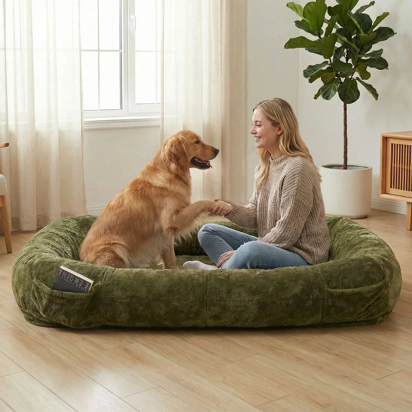 Human Dog Bed With Washable Plush Fur Cover And Blanket