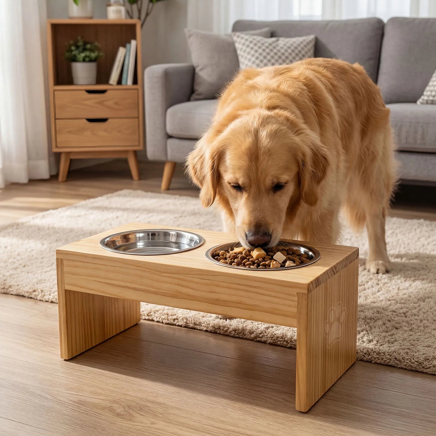 Wooden Elevated Dog Bowls With Stainless Steel Double Bowls Non Slip Feeder