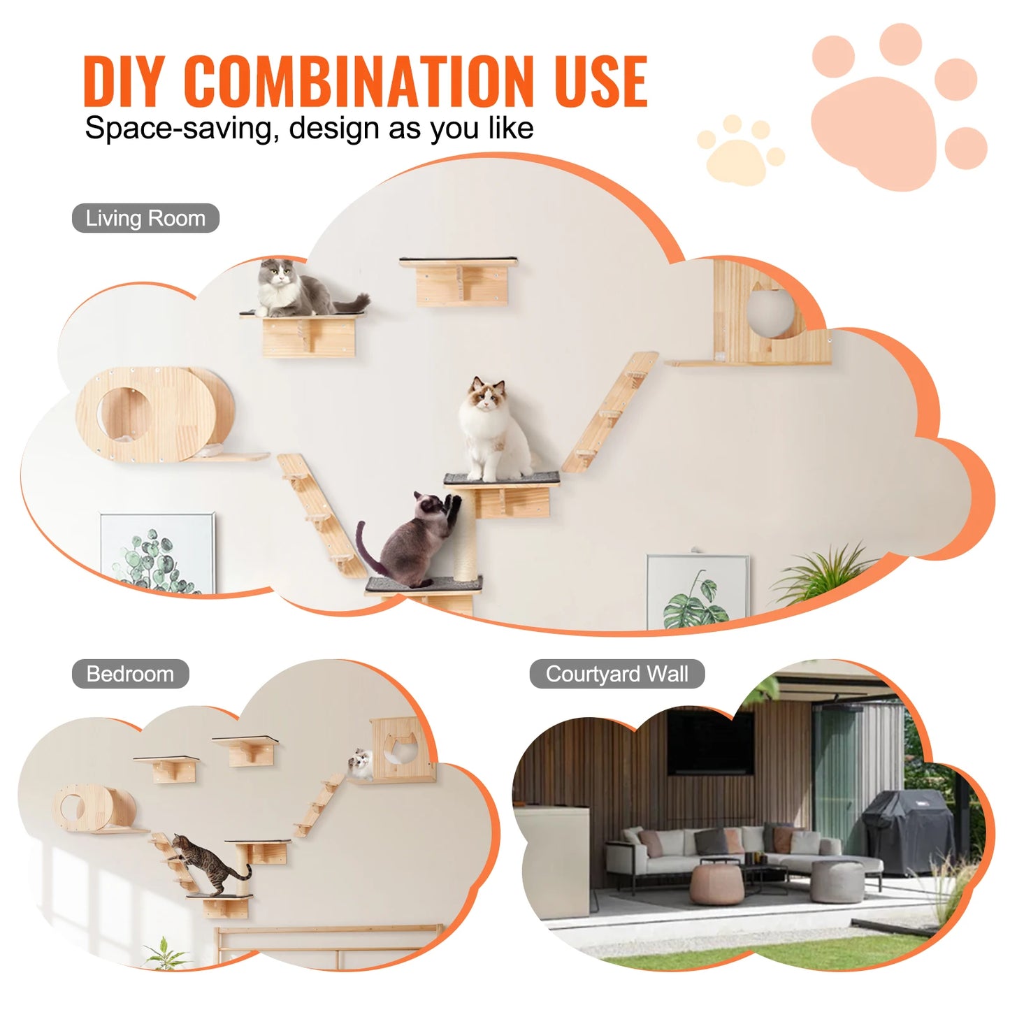 SucceBuy Wall Mounted Cat Shelves Perches Cat Tree With Hammocks