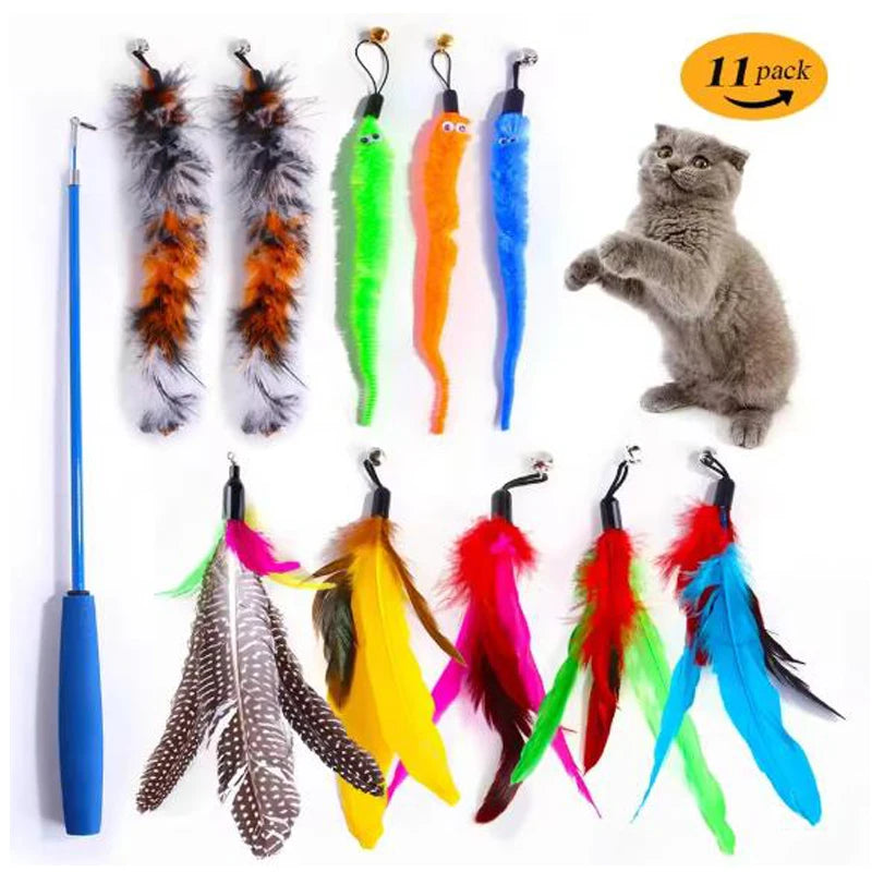 Cat Feather Toy Set 11 Pieces Replacement Heads Retractable Stick
