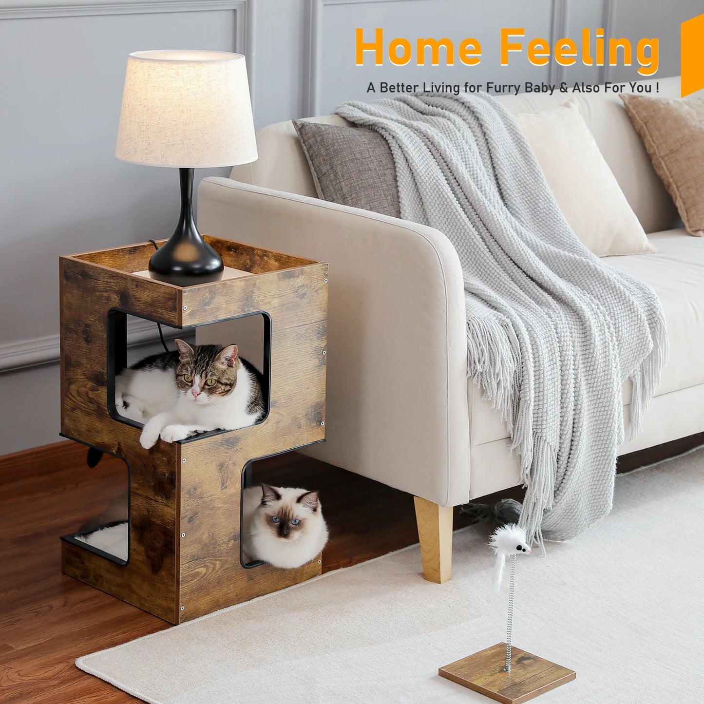 PAWZ Road Wood Cat Condo Bed With Removable Mats Scratching Pad Cat Tree
