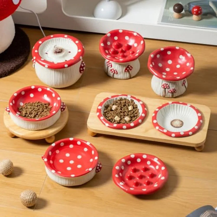 Ceramic Elevated Pet Food Bowl Set With Wooden Stand
