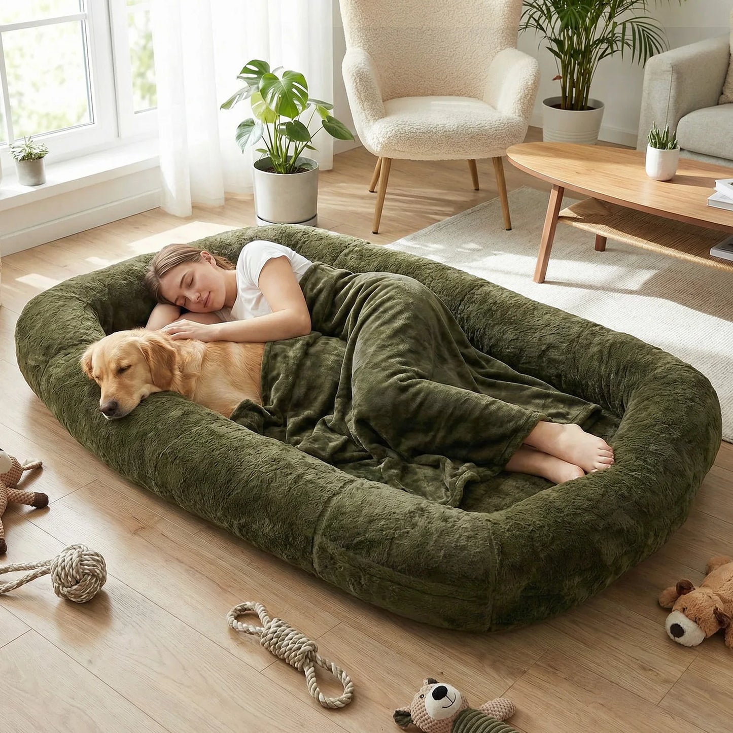 Human Dog Bed With Washable Plush Fur Cover And Blanket