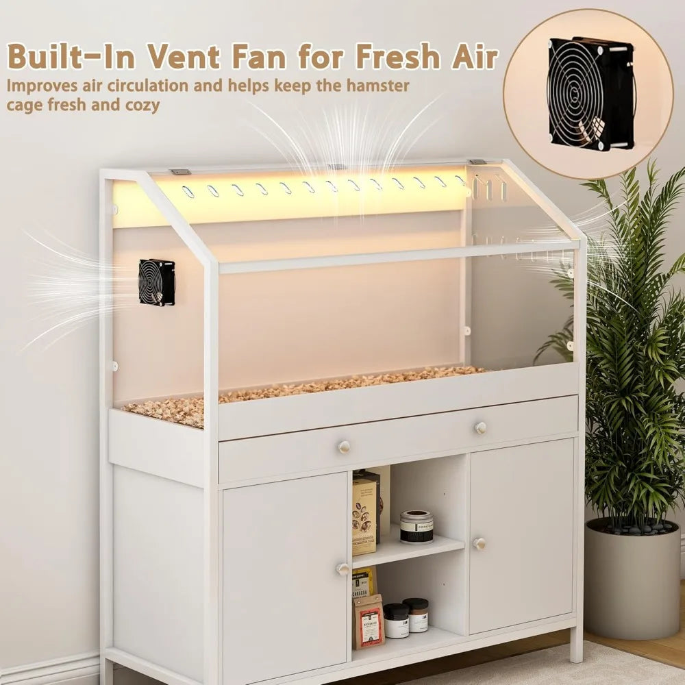 Hamster Cage With LED Lights And Storage Cabinet For Pets