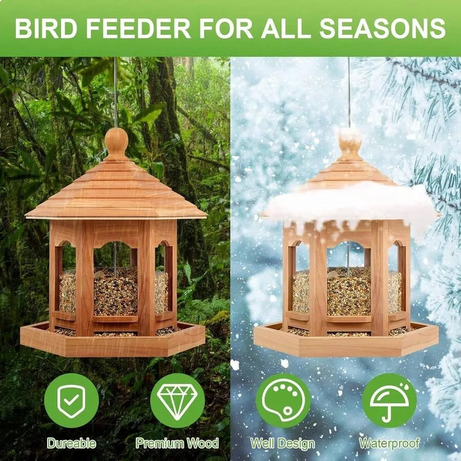Hexagon Gazebo Style Wooden Bird Feeder Natural Cedar Hanging