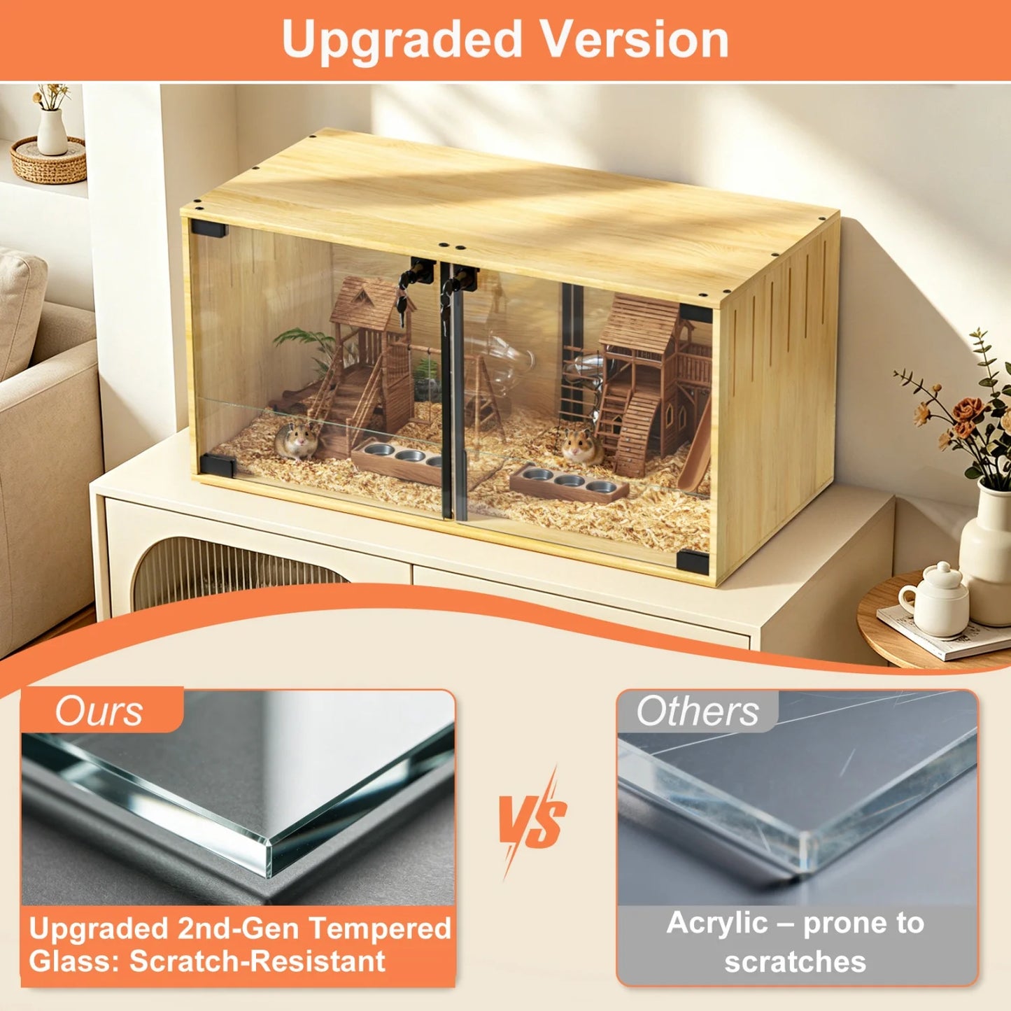 Wooden Small Animal Cage With Tempered Glass Panels For Hamsters