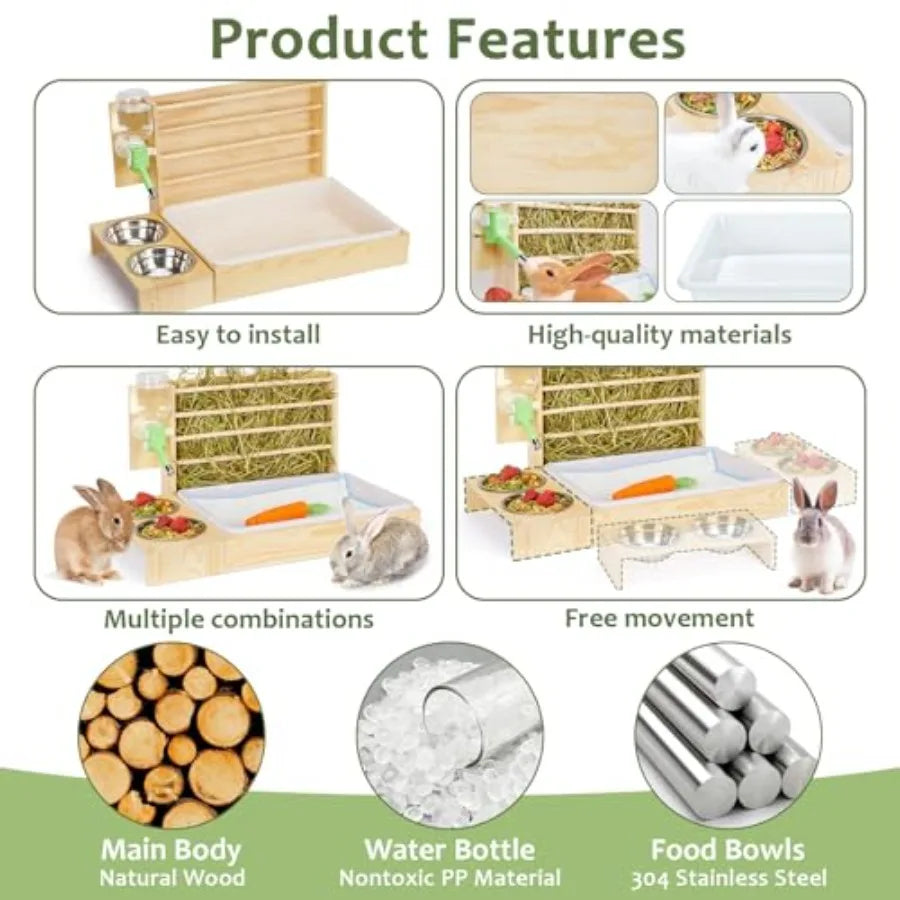 4 in 1 Wooden Rabbit Feeder With Litter Box Bottle
