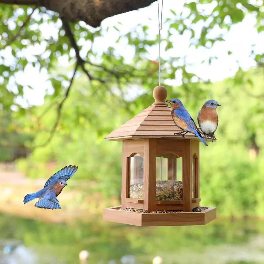 Hexagon Gazebo Style Wooden Bird Feeder Natural Cedar Hanging