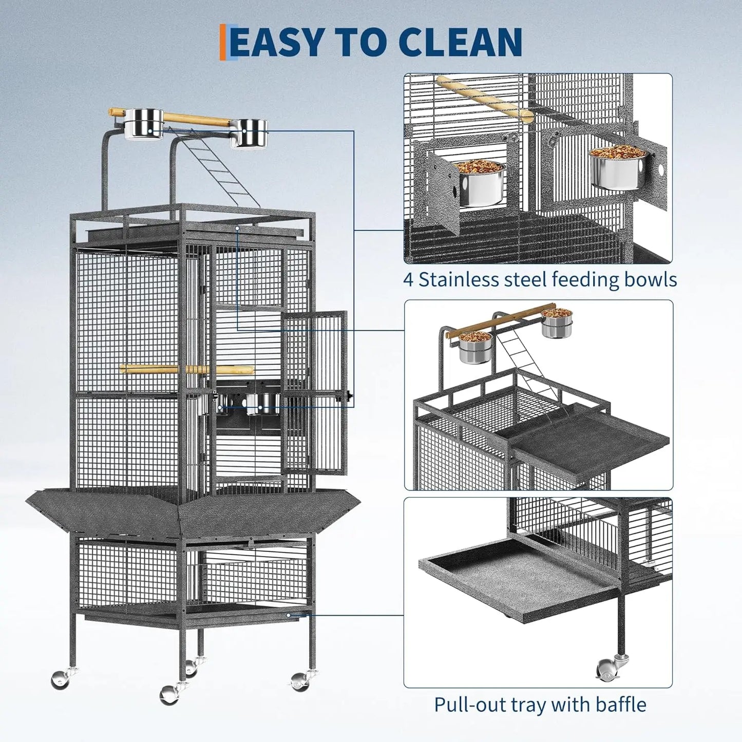 HiMISS Parrot Cage Metal Play Top With Wood Perches And Feeder
