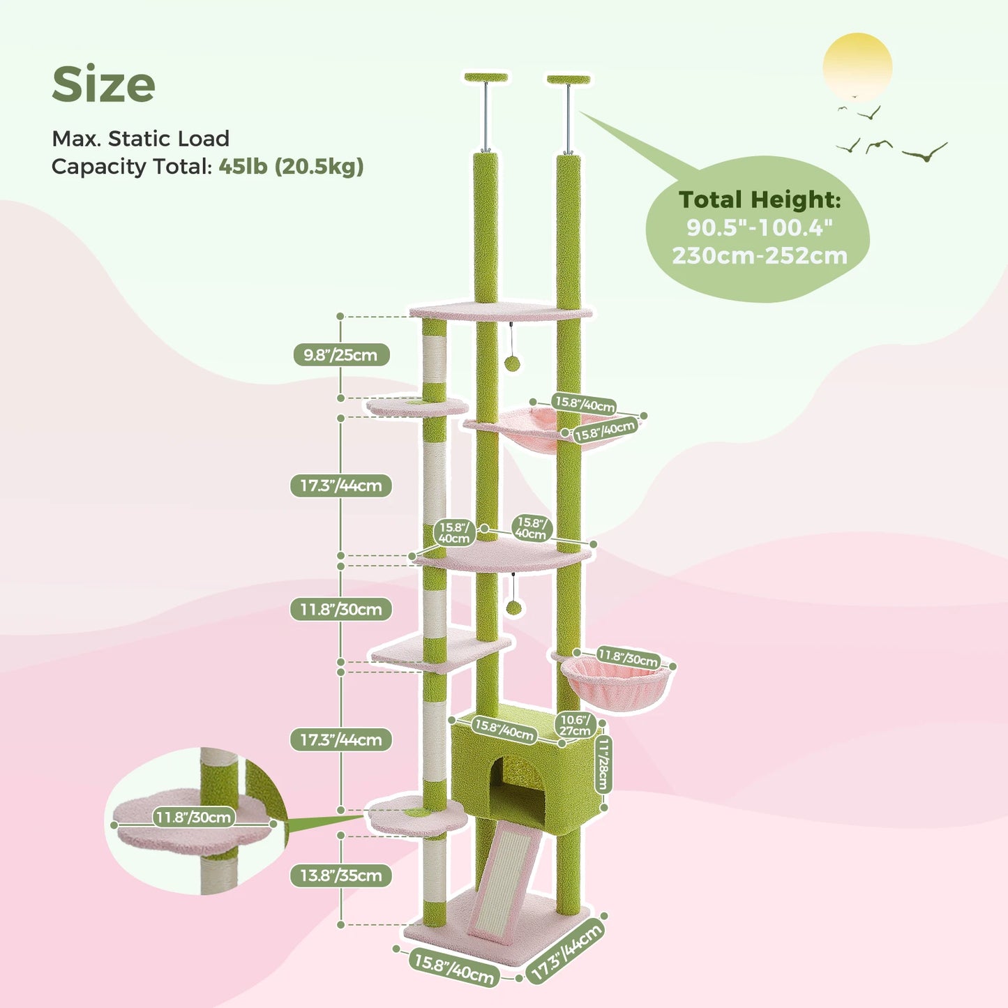 PETEPELA Cactus Floor to Ceiling Adjustable Cat Tree Condo Hammock