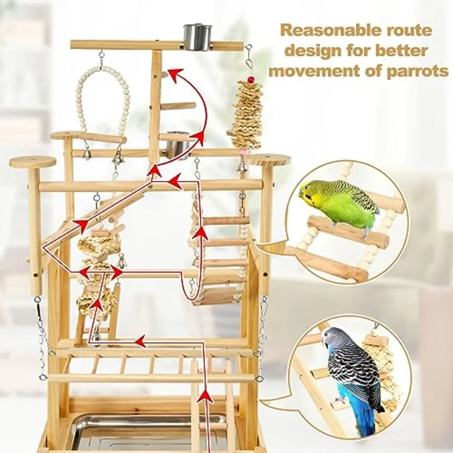 Natural Wood Bird Playground Parrot Playstand With Perches And Tray