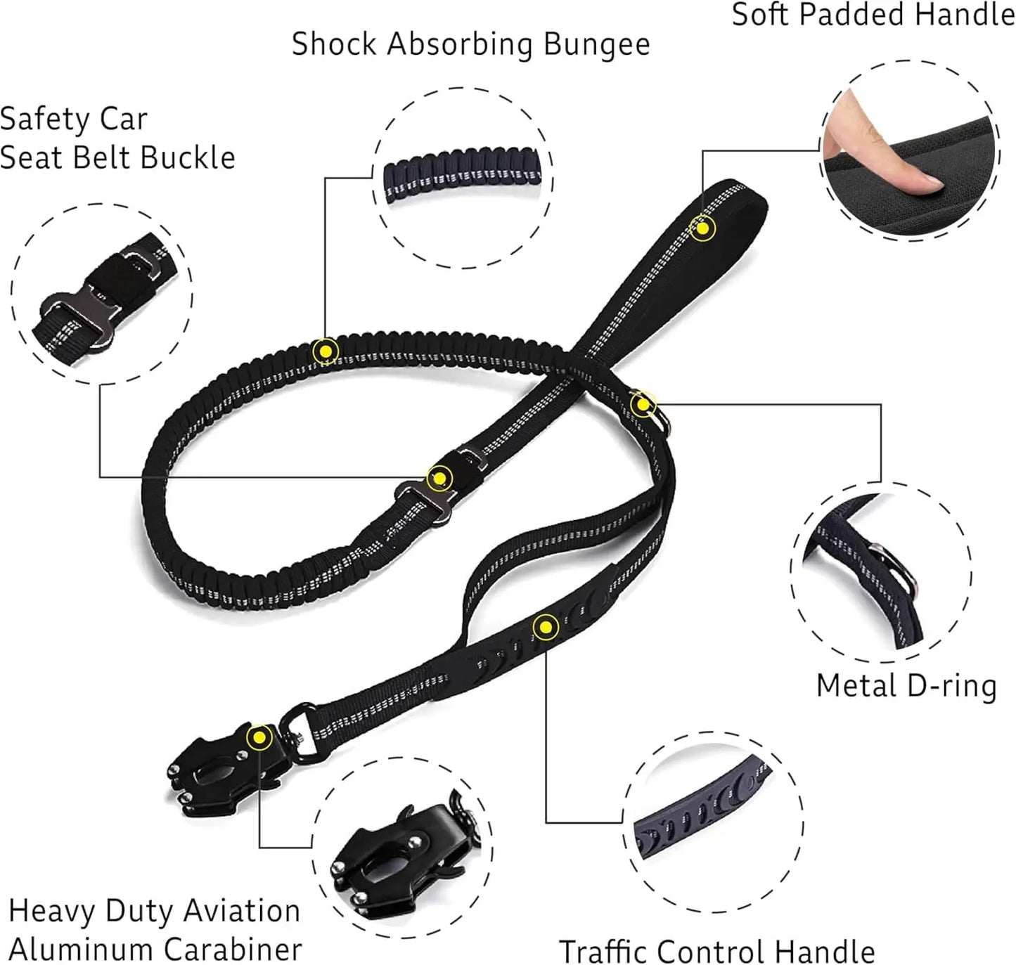 Reflective Shock Absorbing Dog Leash No Pull Car Seatbelt Bungee