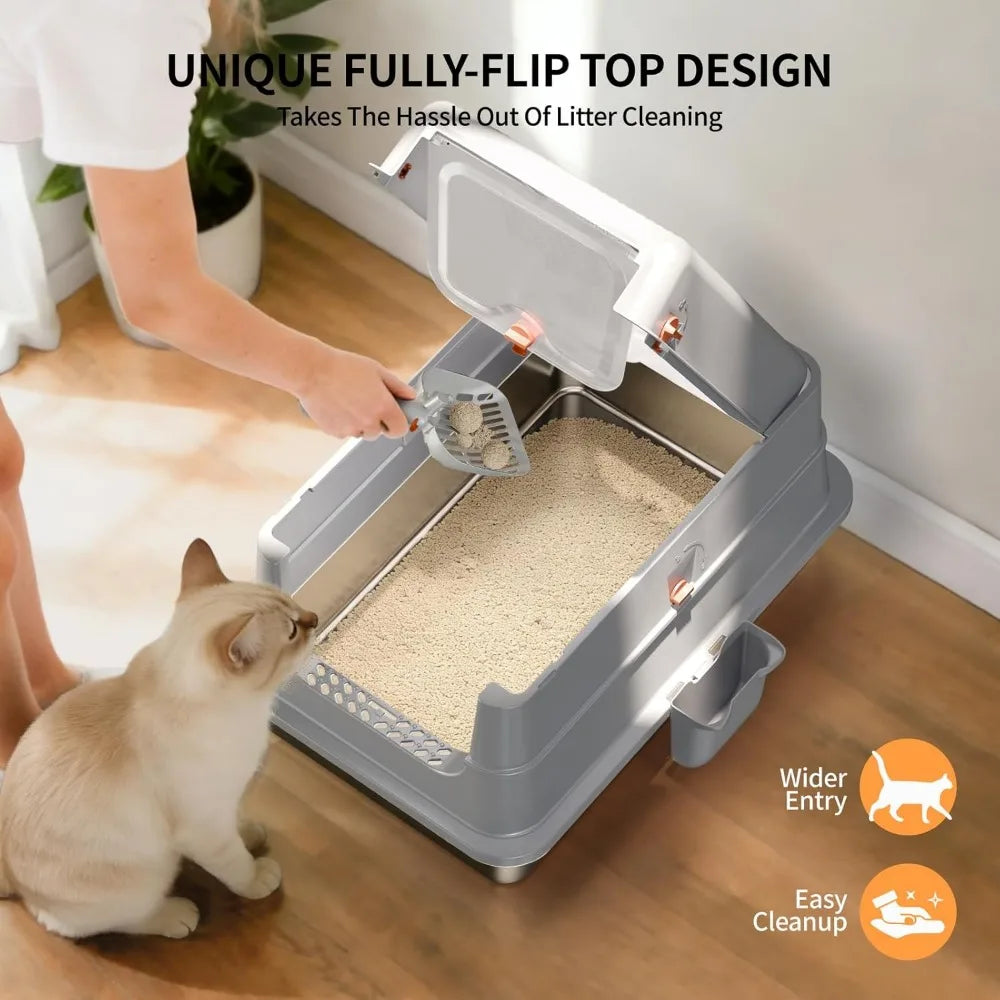 XIUWO Enclosed Stainless Steel Cat Litter Box With High Sides Flip Cover Scoop