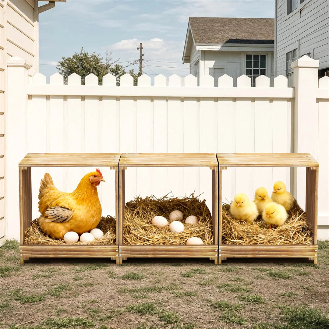 BINGOPAW Pine Wood 3 Compartment Chicken Nesting Box For Eggs