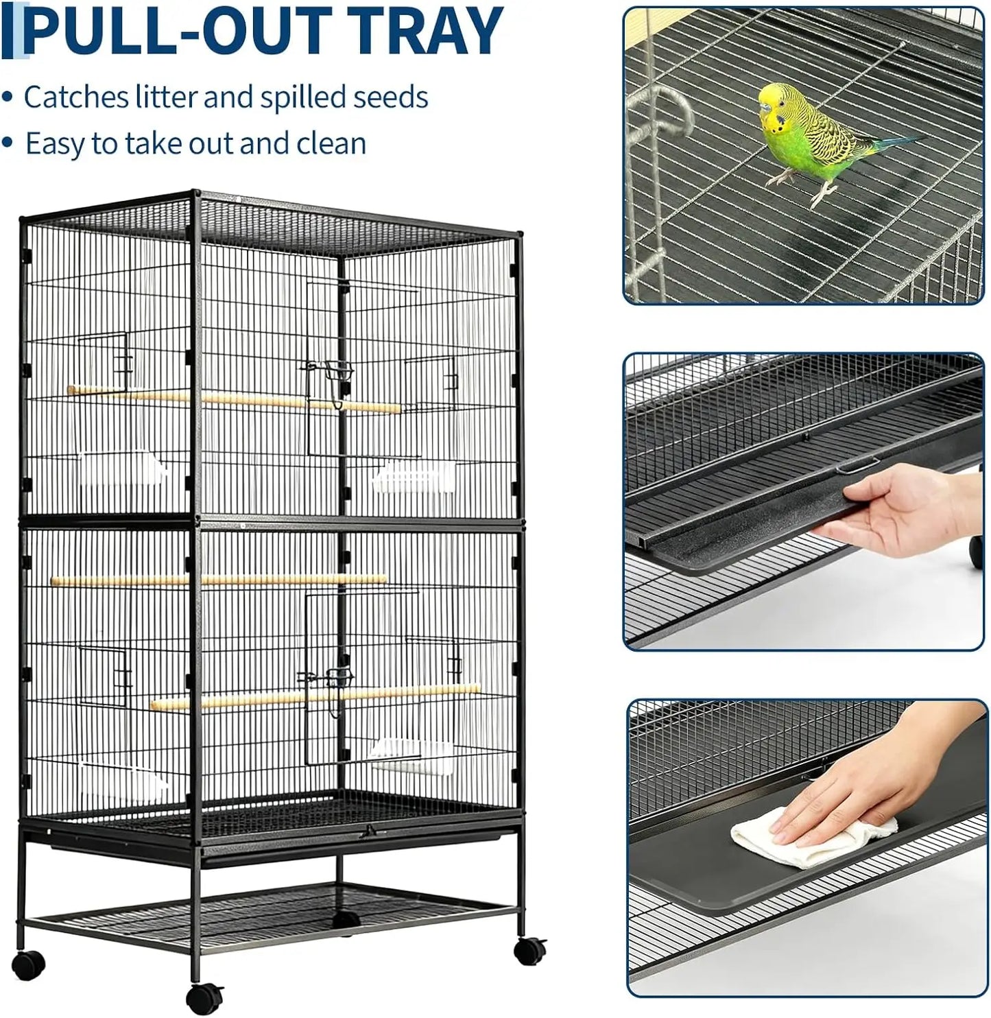 HiMISS Parakeet Cage With Rolling Storage Stands And Feed Bowls