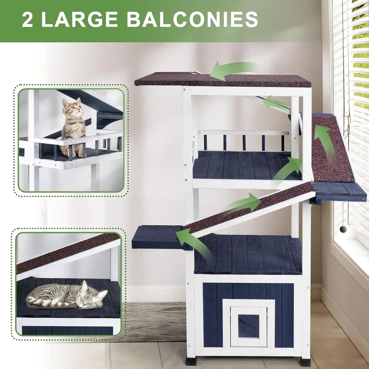 Weatherproof Wooden Outdoor Cat Tree Shelter With Escape Door Multi Level