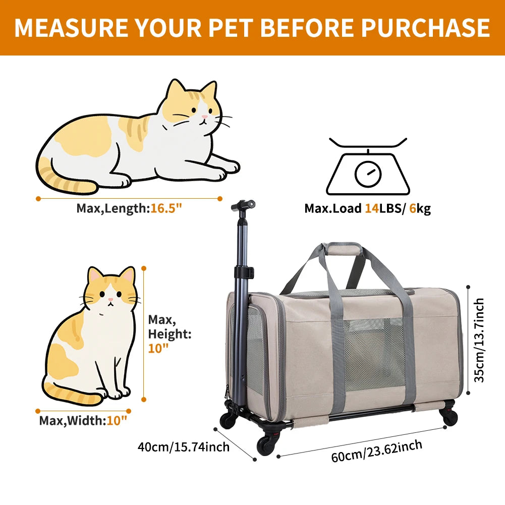 Cat Carrier With Wheels For Two Cats Travel Transport Box