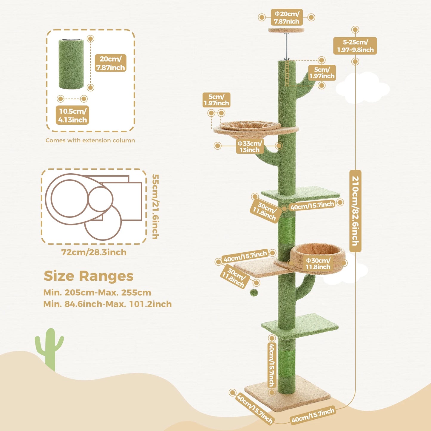 PEQULTI Adjustable Height Cat Tree Floor To Ceiling With Hammock