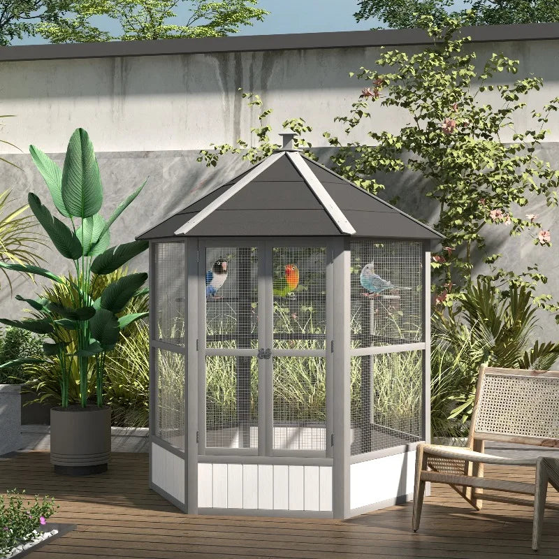 Hexagonal Outdoor Bird Cage Wooden Aviary With Waterproof Roof