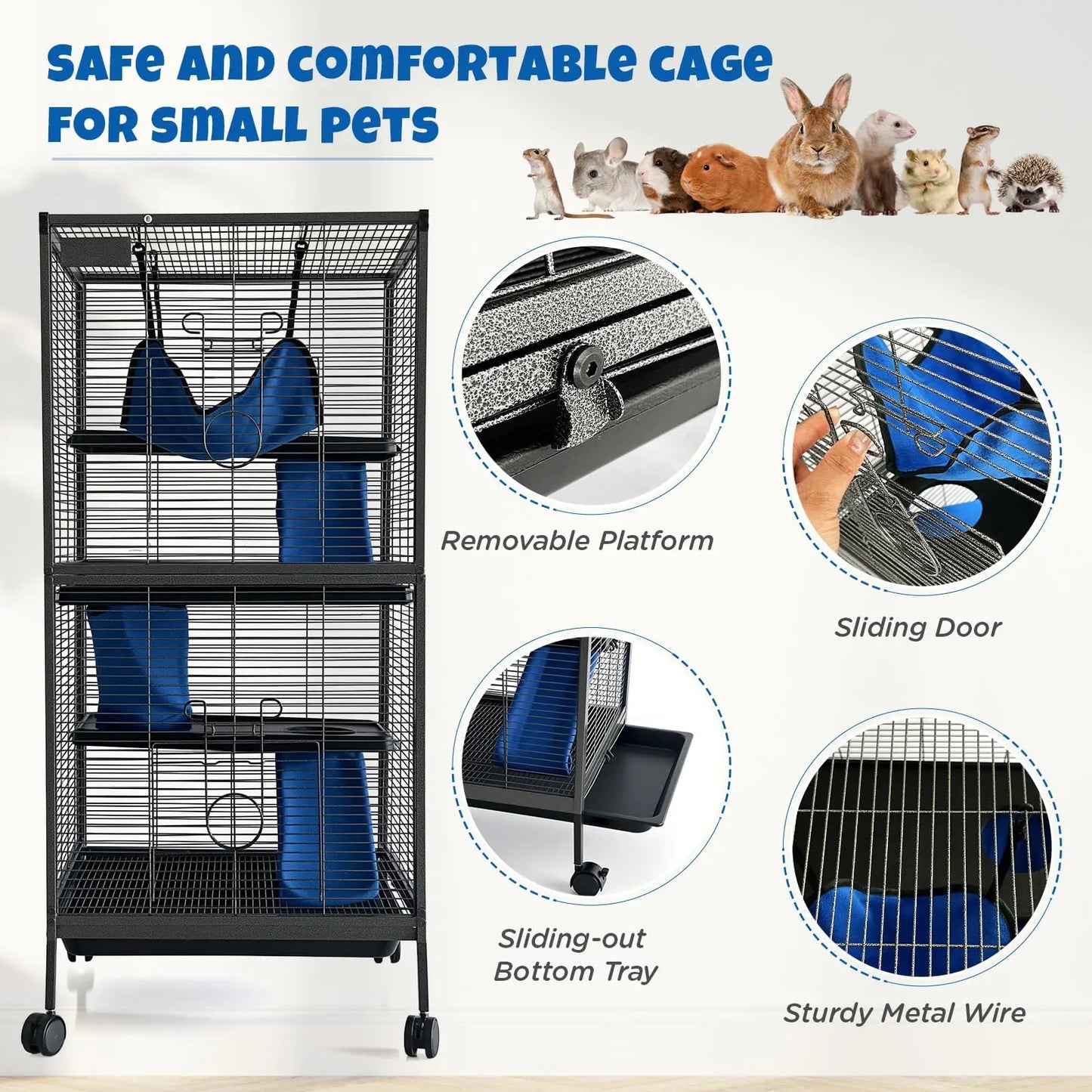 HiMISS Multi Level Metal Small Animal Cage With Removable Tray Ramp Lockable