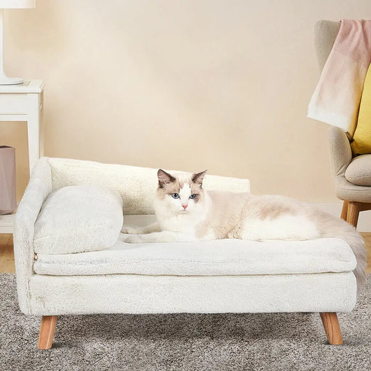 Elevated Solid Wood Leg Pet Bed For Indoor Dogs And Cats L Shape Plush Couch