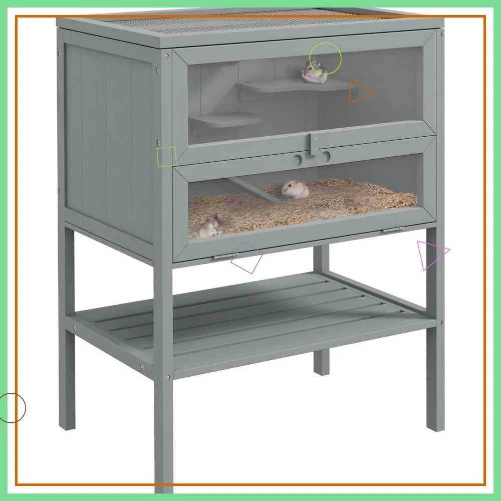 Three Tier Wooden Hamster Cage With Platforms Small Animal Habitat