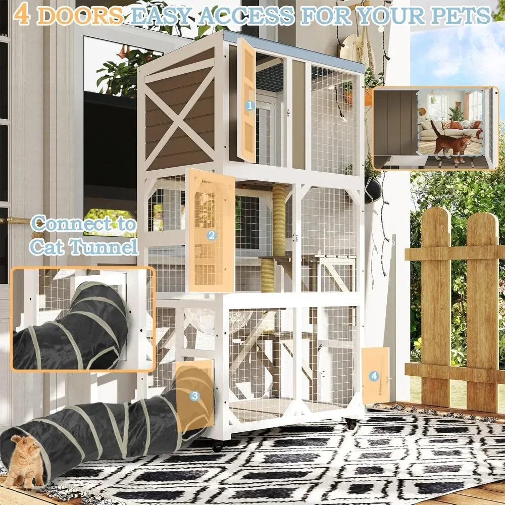 Wooden Outdoor Window Cat Enclosure With Wheels And Platforms