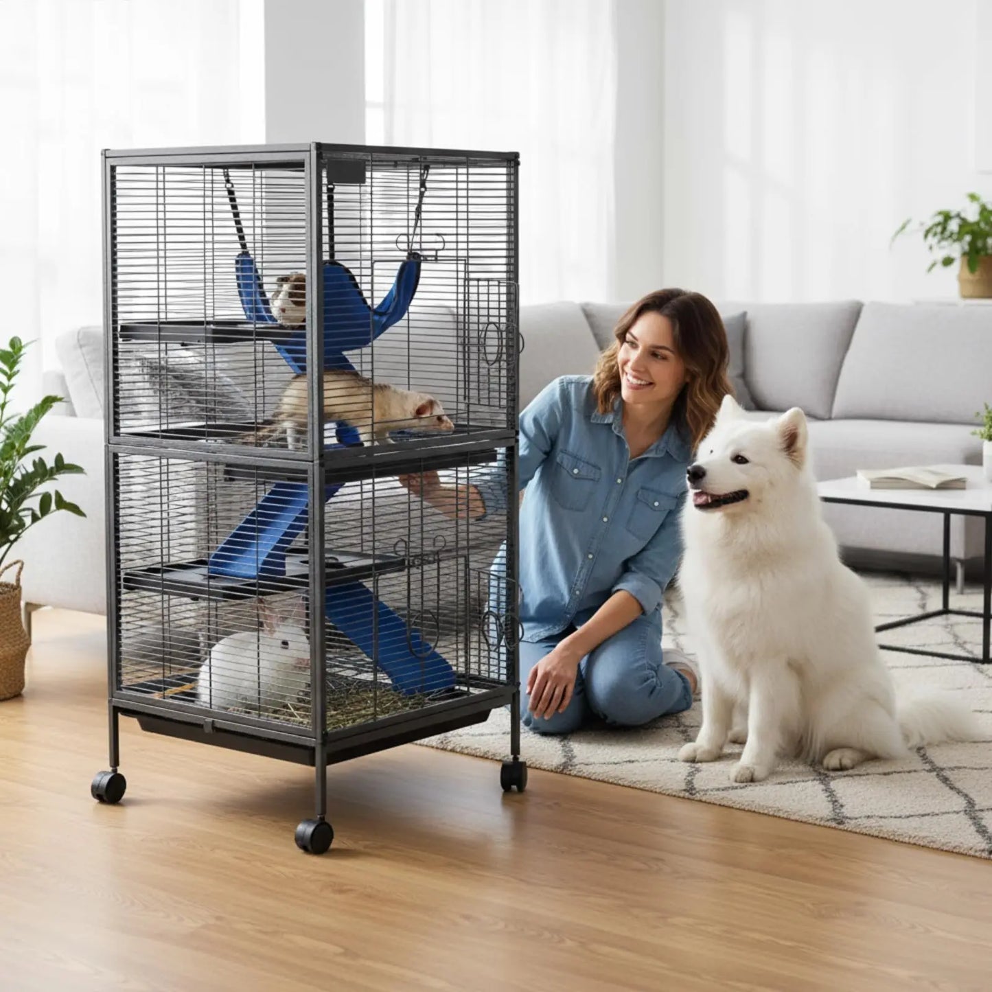 HiMISS Multi Level Metal Small Animal Cage With Removable Tray Ramp Lockable