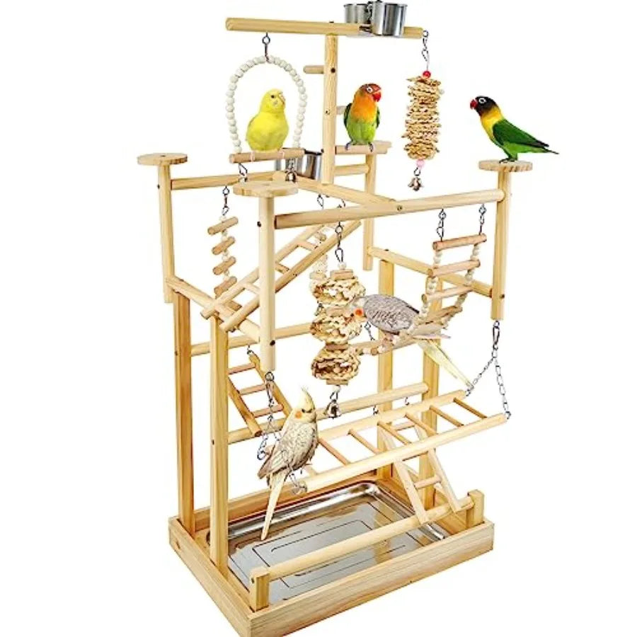 Natural Wood Bird Playground Parrot Playstand With Perches And Tray