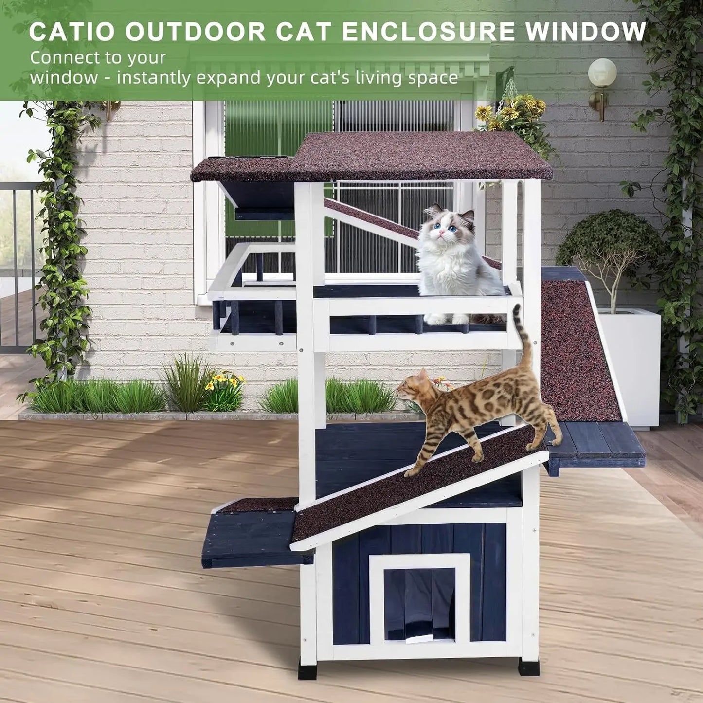 Weatherproof Wooden Outdoor Cat Tree Shelter With Escape Door Multi Level