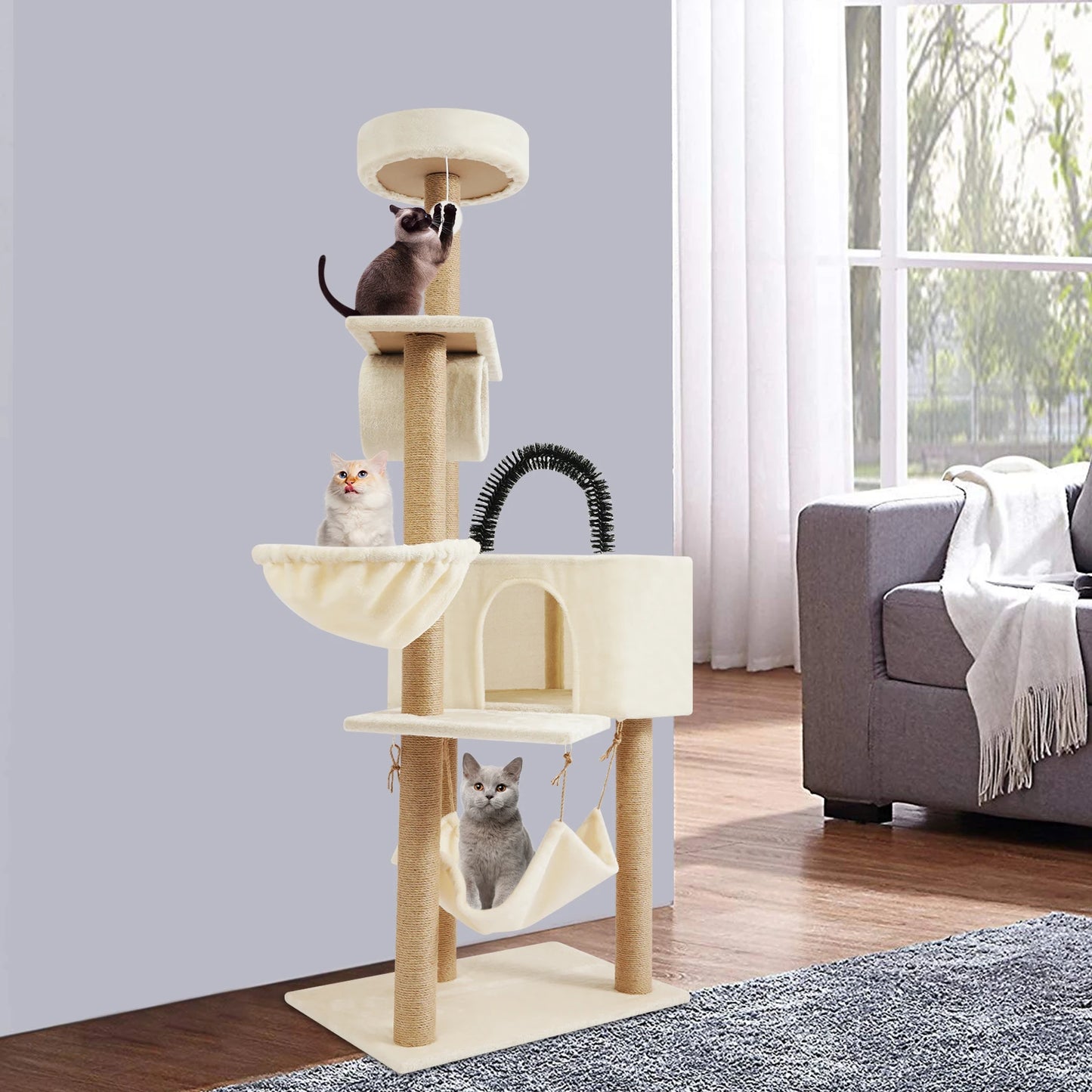 Indoor Cat Tower With Cave Hammock And Jump Platforms